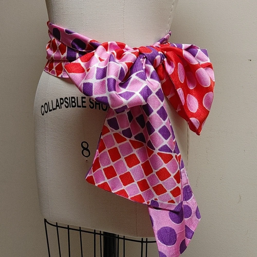Vintage Sash Scarf Wrap in Circle Diamond Square Print Pink Purple Orange White